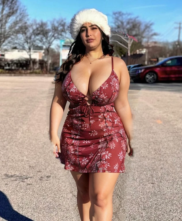 Low cut short dress, curvy, medium size breasts, curvy body