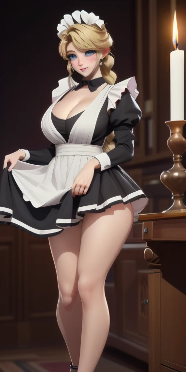 (masterpiece), best quality, Ultra Detailed, Perfect hands, Perfect legs, Delicate eye expression, 1 girl alone,, whole body,maid,Braided hair,Maid costume(Black, mini skirt),maid headdress, skirt lift, at midnight, 客厅Walk廊(hidden, Only candles are glowing), Walk,(High heel),Squint your eyes, Smile, Large Breasts. (((Cleavage)))8k, Ultra Detailed, Fair and aesthetic, high quality, Fair, masterpiece, best quality, Everlasting, Lean over, glowing skin, of mouth, blush, Sexy body, definition, Perfect eyes, blush, Strabismus,(eyes filled with tears, Saliva residue), The hem of the skirt is wet, Brushed, photography, 8k, HDR, high resolution, absurd:1.2, Kodak Portrait 400, Film Grain, Blurred background, Bokeh:1.2, lens flare, (Full of energy_color:1.2),专业photography师
