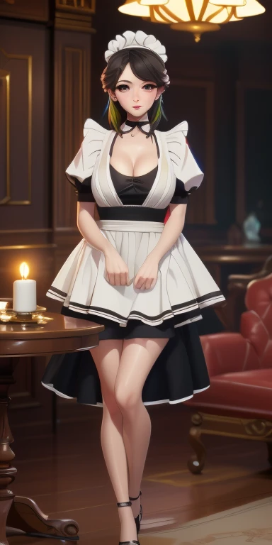 (masterpiece), best quality, Ultra Detailed, Perfect hands, Perfect legs, Delicate eye expression, 1 girl alone,, whole body,maid，Braided hair,Maid costume(Black, mini skirt),maid headdress, skirt lift,  at midnight, 客厅Walk廊(hidden, Only candles are glowing), Walk,(High heel),Squint your eyes, Smile, Large Breasts. (((Cleavage)))8k, Ultra Detailed, Fair and aesthetic, high quality, Fair, masterpiece, best quality, Everlasting, Lean over, glowing skin,  of mouth, blush, Sexy body, definition, Perfect eyes, blush, Strabismus,（eyes filled with tears, Saliva residue）, The hem of the skirt is wet, Brushed, photography, 8k, HDR, high resolution, absurd:1.2, Kodak Portrait 400, Film Grain, Blurred background, Bokeh:1.2, lens flare, (Full of energy_color:1.2),专业photography师