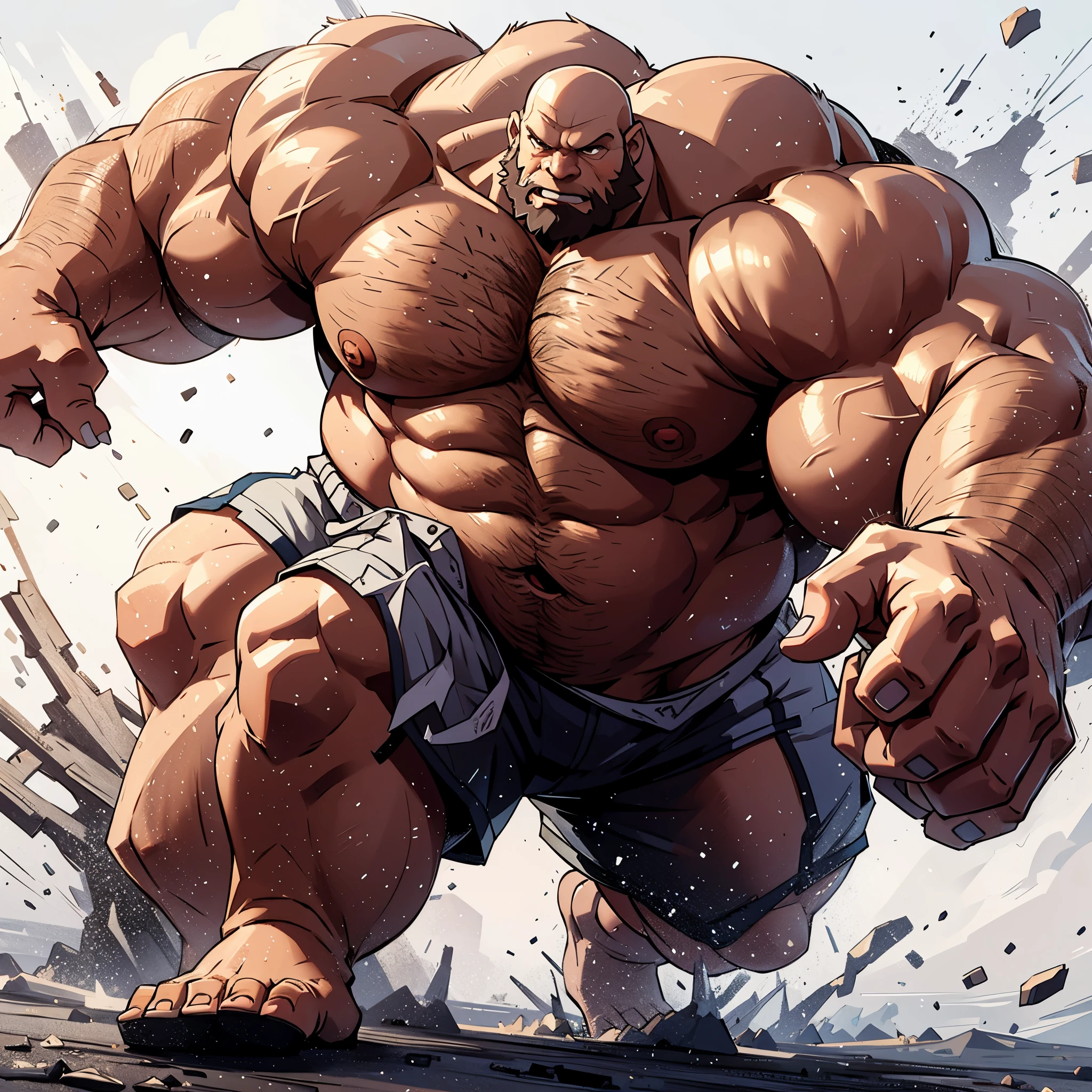 huge muscular old man, wearing shorts, bald, bearded