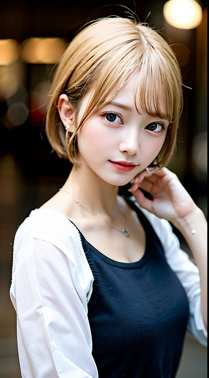 (8k, RAW Photos:1.2), Detailed face and eyes,最high quality, 超A high resolution, Very detailed ,Intricate details ,Tabletop ,pretty girl , Soft cinematic light, Hyper Detail,Sharp focus, high quality, Blonde, Bobcut,  outside, rainに濡れる, rain, Clothes get wet, Hair gets wet, Soaked