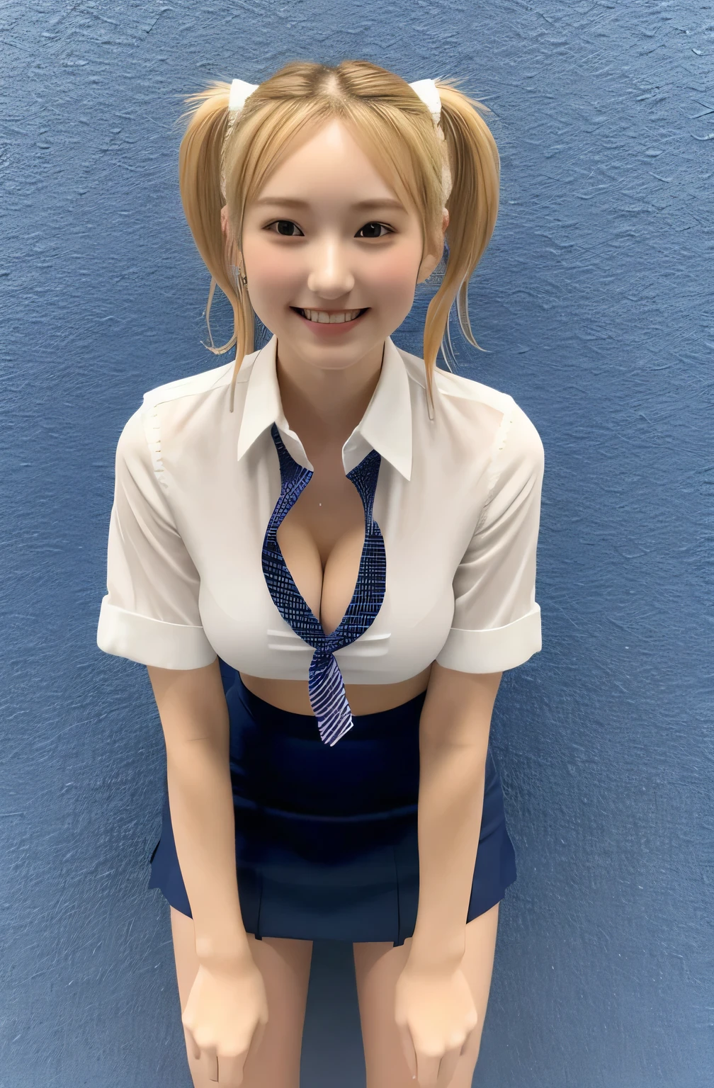 ((Ultra-high resolution)),8K,、Leaning forward shows a little cleavage、Smats, , Blonde、Tws, Red mini skirt, White shirt,Navy blue tie、 Small cleavage 2:1,Idol Sculpturemile、Light blue wall、sexy、slender、Shapely small breasts