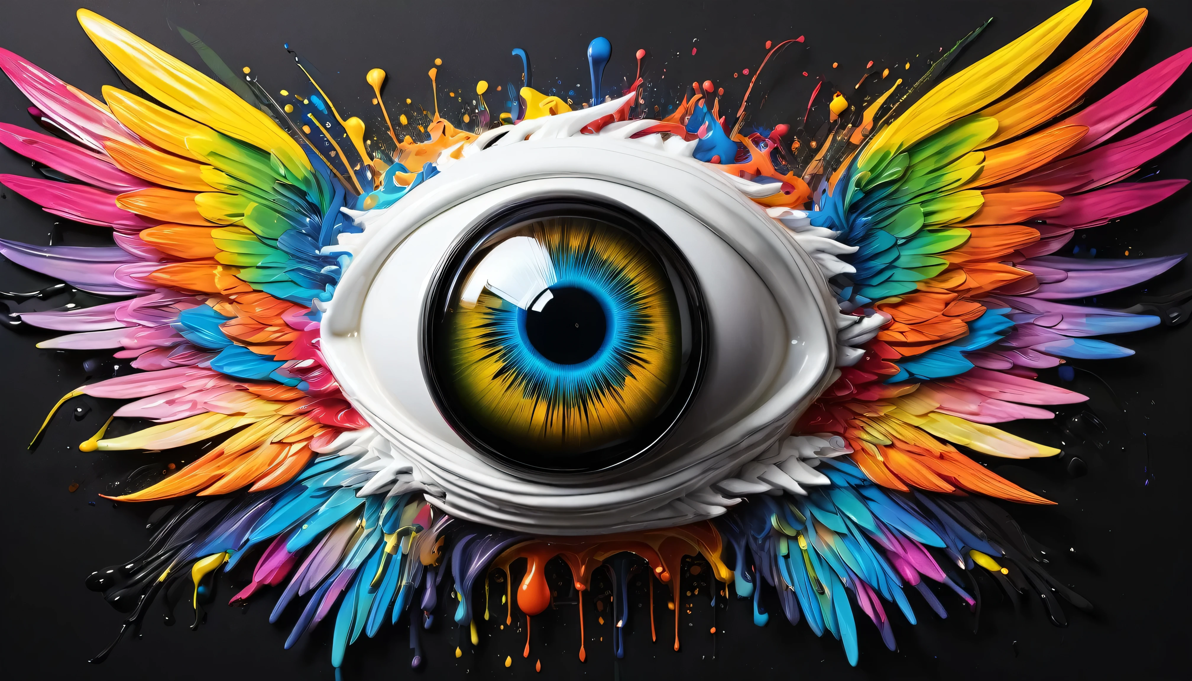 Splash art, ((a singular human eyeball with angel wings attached to the back)), ((black background)), piercing eyes, epic Instagram, artstation, colorful paint splash style, outline, hyperdetailed, engine unreal, fantastic, intricate details, splash screen, complementary colors, fantasy concept art, 8k resolution, deviantart masterpiece, oil painting, heavy strokes, paint drips, splash arts, well centered, does not overflow