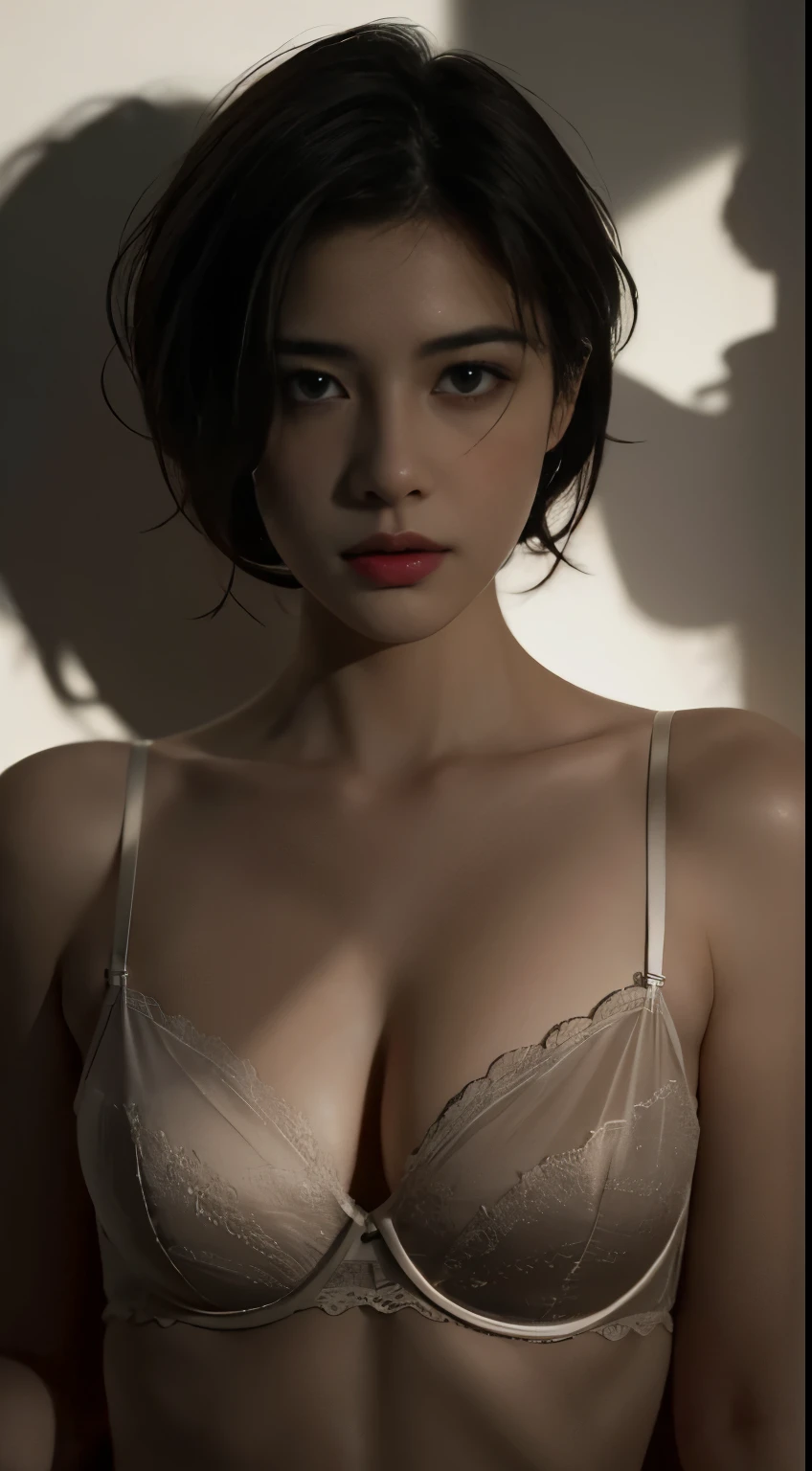 Best quality, masterpiece, ultra high res, (photorealistic:1.5), raw photo, 1girl,, in the dark, deep shadow, low key, cold light, sexy look, short hair, smooth , sexy, silk bra , leaf shadow, sheer