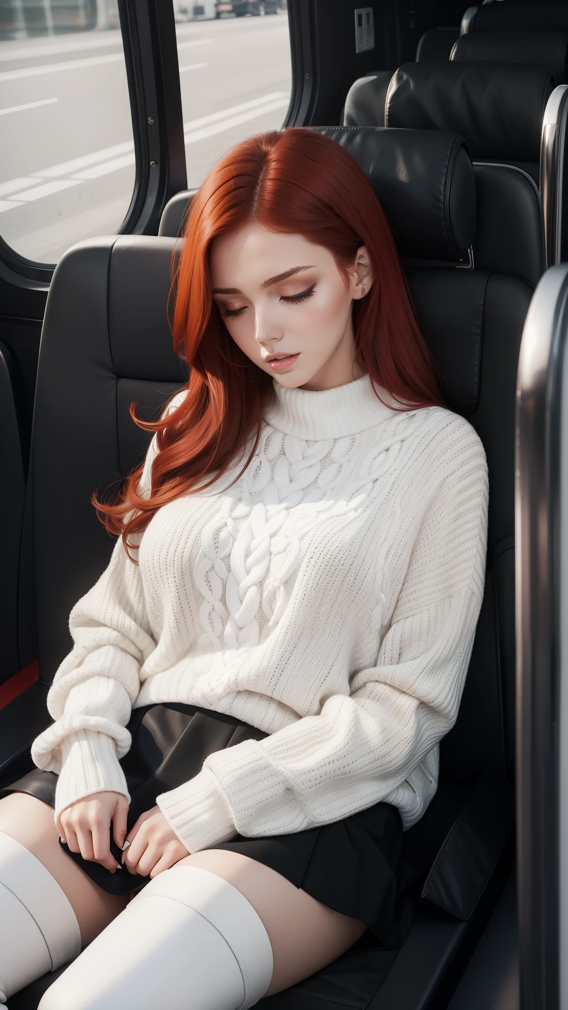 1 beautiful woman, Adult, Red hair, Outline the eyelids, Eyelids with makeup, Black skirt, White sweater, Neckline, White boots, Black bag, sleeping on the bus, open mouth, Close your eyes, Lucy Pinde.