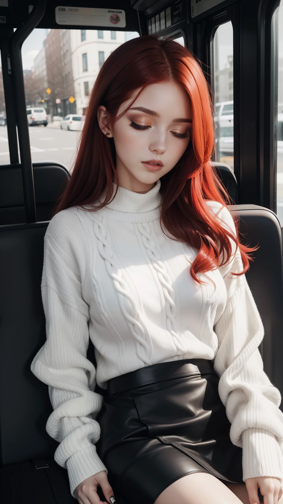1 beautiful woman, Adult, Red hair, Outline the eyelids, Eyelids with makeup, Black skirt, White sweater, Neckline, White boots, Black bag, sleeping on the bus, open mouth, Close your eyes, Lucy Pinde.