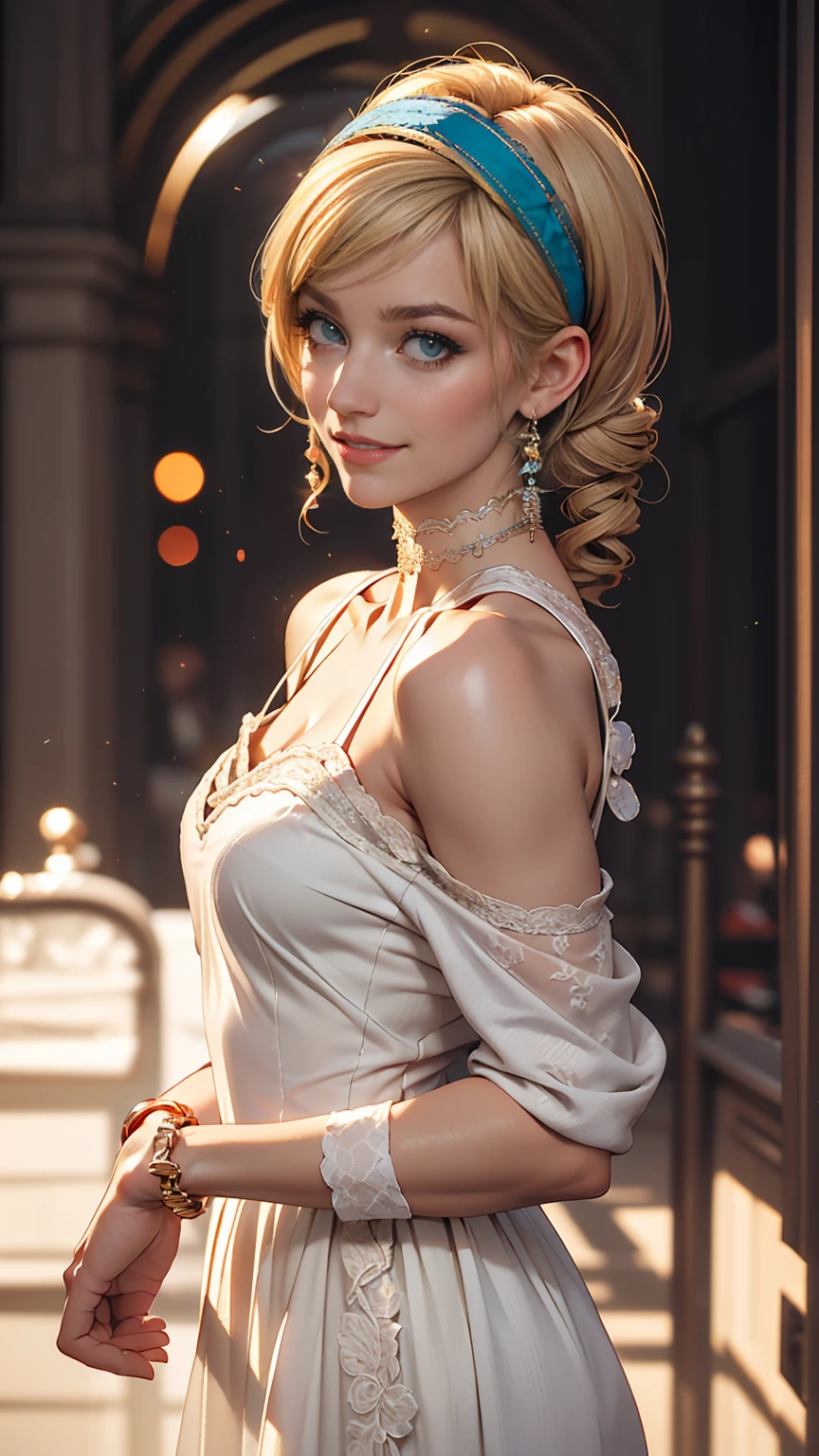 (8K, RAW Photos, highest quality, masterpiece:1.2), (Realistic, photo-Realistic:1.37)、Venus Body、Having her hair done、My chest is popping out、Wear accessories on your wrist、Wearing accessories on the ankle、Background blur((depth of field)、smile、White woman、Platinum Blonde、blue eyes、Vertical roll on one side((side drill))、Wear a lace-embellished one-shoulder dress、Wear mules、smile、Headband((hairband))、Wear a lace choker、Colored eyelashes((colored eyelashes))
