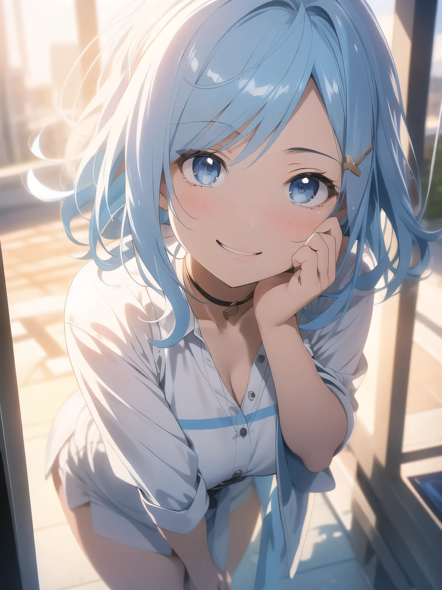 Pieces fly、1 girl(1:2)、Age 25、universe、masterpiece, highest quality, (delicate eyes and face), Volumetric Light, Ray Tracing, Highly detailed CG Unity 8k wallpaper, Remlin, Hair above one eye, Light blue hair between the eyes、short hair、Light blue hair(1:2)、Looking at the audience, Upper Body, Expressionless, Seductive pose,Beautiful crystal eyes(1:1)、Show Eyes、grin and laugh、The art style resembles an attractive anime style. About image quality, priority (highest quality, 4K, 8k, High resolution, Bodyline 1.2), Very detailed, and (Realistic, Realistic, Photorealistic:1.37) ,Yoga poses.Ultra-fine painting, Sharp focus, Physically Based Rendering, Extreme Detail, Professional, Bright colors,There's the sea behind、Light blue bikini(1:2)、White shirt with a little sheer feel、Plump thighs、Spread your legs wide、Put your hands behind your back、big 、A sea of iridescent fur、Seven colors of the sea(1:2)、deep sea(1:2)