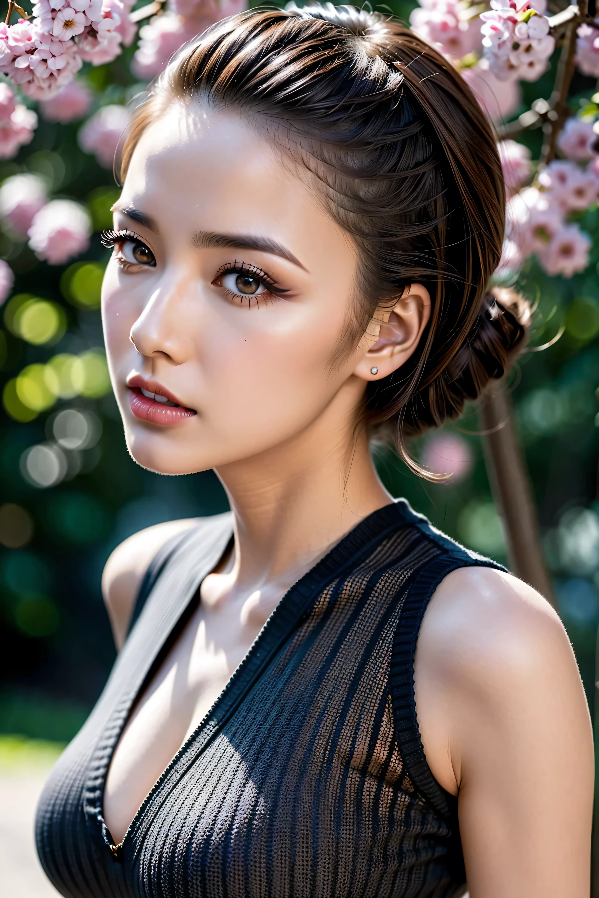 (Insanely detailed sharp-photo:1.1),(1girl:1.35, 20-year-old), hyperRealism, highest resolution, (the most absurd quality),((highest quality realistic texture skin)),((highest quality realistic texture hair)),BREAK,((brown hair, (slicked to the side), Insanely detailed:1.43)), (outside,an orchard of blooming cherry trees:1.3),((perfect proportions)),((anatomically correct)),((firm and full big breasts:1.3)),(the most absurd quality perfect eyes), (super detail beautiful slim and sharp-face), ((light pale complexion)), ((Insanely detailed clear and sharp perfect round realistic brown_eyes)), finely detailed pupils, detailed lips:1.3, (long_blue_eyeliner:1.18), (pink_lipstick:1.3), (perfect dark_eyeshadows:1.35), (Detailed nose:1.2), ((Upper body shot)), ((wearing a tight black knitted mini dress:1.35)),(small head:1.3), (close up of her face), exquisite balance of shadows,perfect composition,((look at the viewer)), Hasselblad, 85mm f/4.2
