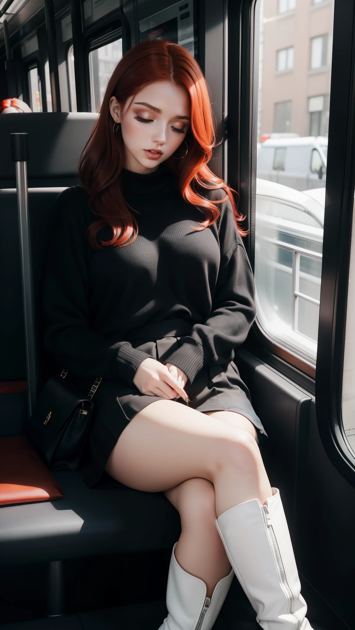 1 beautiful woman, Adult, Red hair, Outline the eyelids, Eyelids with makeup, Black skirt, White sweater, Neckline, White boots, Black bag, sleeping on the bus, open mouth, Close your eyes, Lucy Pinde.Open your legs,limp,Fell asleep,Spread your legs,Head against the window
