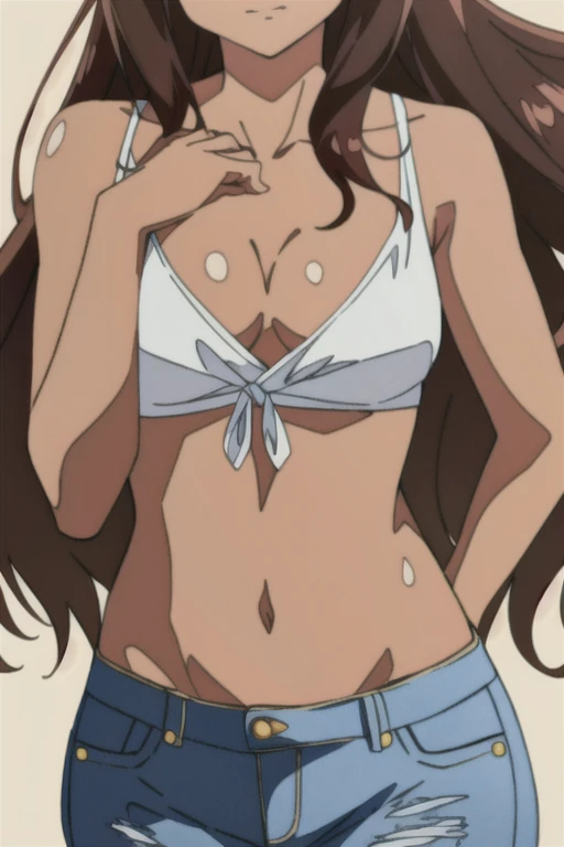 ((best quality)), ((masterpiece)), (detailed), perfect face, brown skin anime woman in a deep V-neck tied top, (bare shoulders), (jeans), (long hair), starving, (resting hands on the stomach), (hands on the stomach)