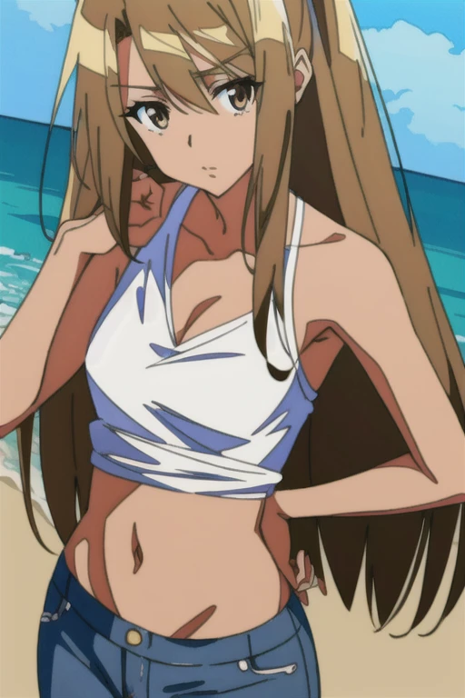((best quality)), ((masterpiece)), (detailed), perfect face, brown skin anime woman in a deep V-neck tied top, (bare shoulders), (jeans), (long hair), starving, (resting hands on the stomach), (hands on the stomach)