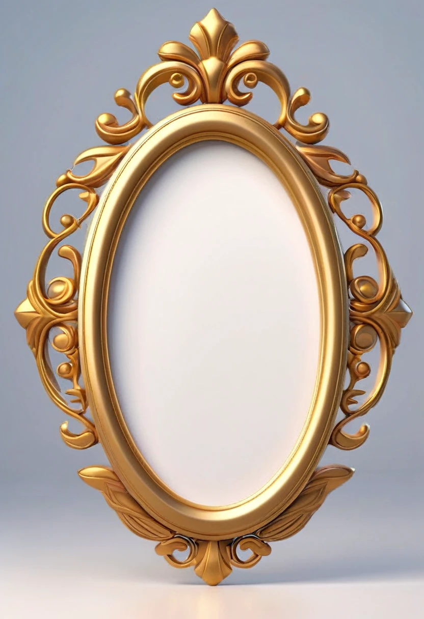 Create a golden oval frame with a white background in Disney Pixar animation style 3d.
