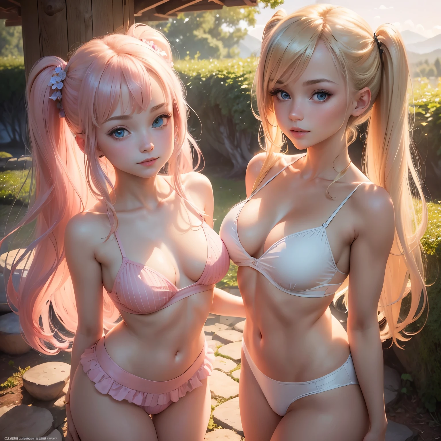 (masterpiece, best quality:1.4), Young blonde beauty, (((2 girls in love, 18 years old, neat girl))), detailed blue eyes, long eyelashes, blush, kind smile, horny, upper body, topless, small ass, shaved pussy, (looking at viewer), (close up), beautiful blonde hair, white-skinned, (bangs:1.3), pigtails, squeezing, on top of each other, groping, (small breasts), (mushroom forest, celestial forest, beautiful and magnificent pink sunshine, majestic sky), natural light, pastel colors