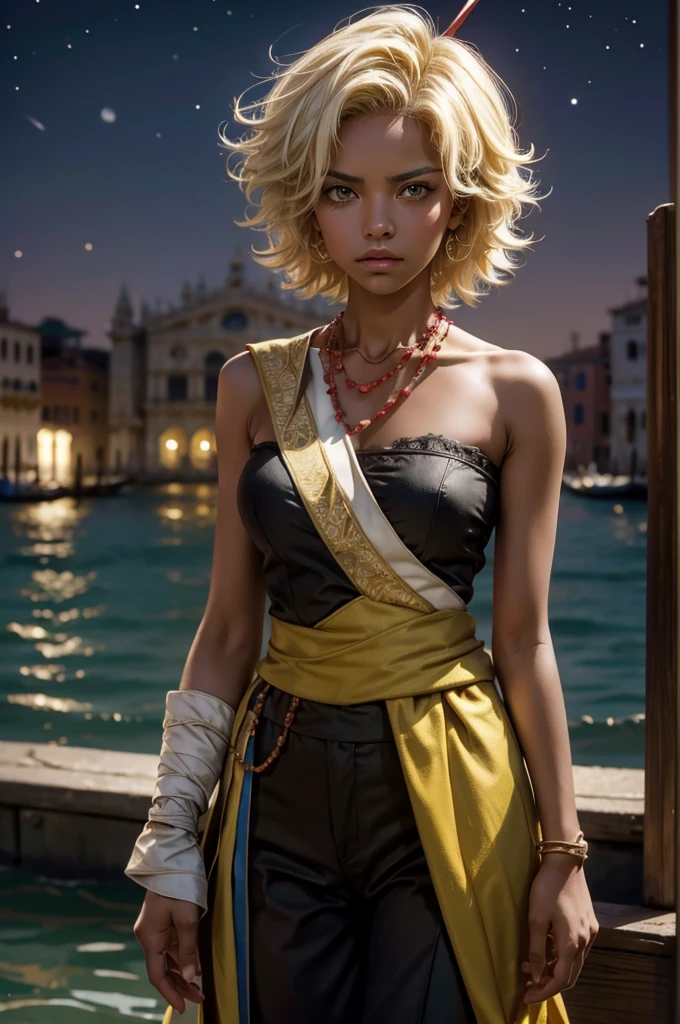 arslanaltan, 1girl, blonde hair, short hair, green eyes, dark skin, brown skin, hair ornament, sash, baggy pants, bandages, bare shoulders, necklace, (Masterpiece, Best Quality, Highres:1.2), Detailed, Intricate Details, 4K, solo, cowboy shot, high rating, standing, venice, italy, night, stars, moon closed mouth, serious look, serious expression, looking at viewer,