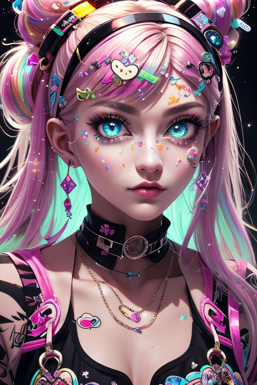 This is a Harajuku street-style masterpiece with extreme detail. Generate a trendy ((decora)) cyberpunk woman in the colorful and chaotic streets of Akihabara, Tokyo in the style of decora street style. The woman's decora and Harajuku street clothes are vibrant, with a mix of textures, neon colors, and inventive layering. Include oversized accessories like cute stickers on the woman's face, colorful hair clips and ribbons in different colors and sizes, and dynamic jewelry. (Her eyes are important) and should be symmetrical and detailed with interesting coloring and patterns. Include (iridescence) and (shimmer), glittering light, glowing neon signs, LED lights, (ultra detailed), dynamic composition