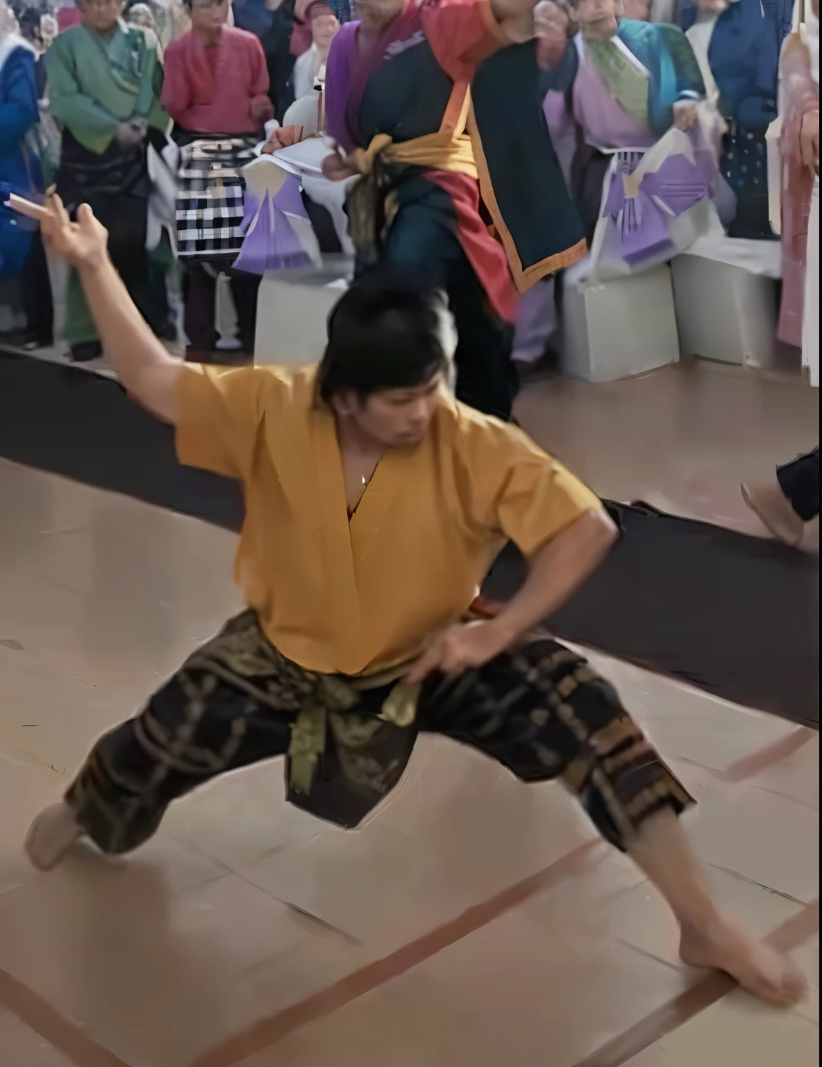there is a man doing a dance with a crowd watching, in an action pose, dynamic action shot, dancing character, wearing authentic attire, he is dancing, wielding a keris sword, dynamic action pose, battle action pose, action pose, dramatic action pose, action shot, epic action pose, inspired by Yosa Buson, traditional, doing martial arts