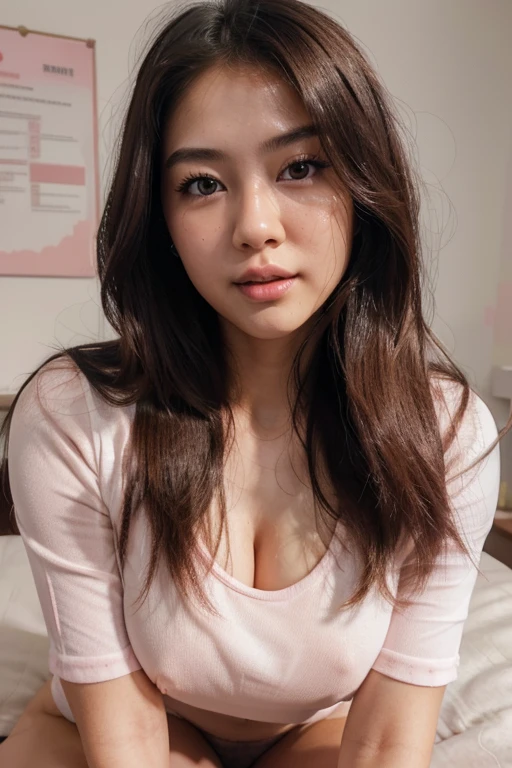 (best quality,highres:1.2),ultra-detailed,realistic,illustration,beautiful detailed eyes and face,long hair style,perfect face,Asian girl,soft pink lips,sweat,blush,ample bosom,bedroom, white shirt bottoms down, student outfits