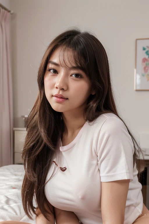 (best quality,highres:1.2),ultra-detailed,realistic,illustration,beautiful detailed eyes and face,long hair style,perfect face,Asian girl,soft pink lips,sweat,blush,ample bosom,bedroom, white shirt bottoms down, student outfits 