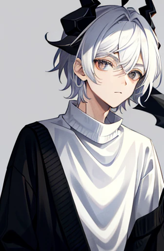 A boy (white hair) with small black dragon horns. (Put on a sweater)
