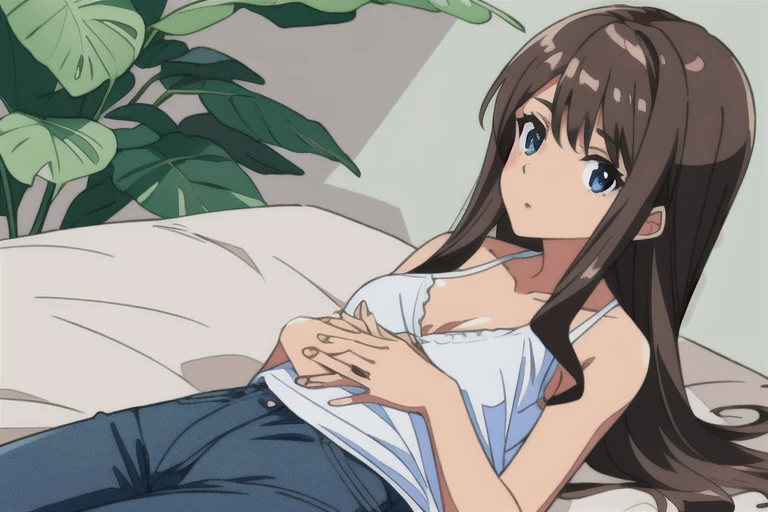 ((best quality)), ((masterpiece)), (detailed), perfect face, brown skin anime woman in a deep V-neck cami top, (jeans), (long hair), starving, (resting hands on the stomach), (hands on the stomach)