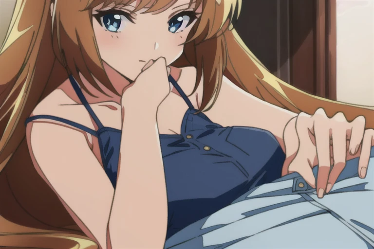 ((best quality)), ((masterpiece)), (detailed), perfect face, brown skin anime woman in a deep V-neck cami top, (jeans), (long hair), starving, (resting hands on the stomach), (hands on the stomach)