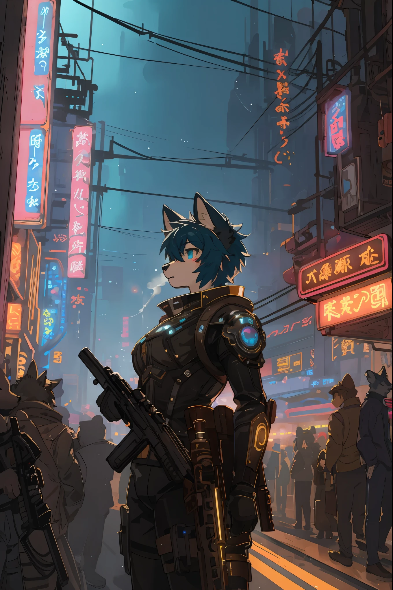 masterpiece, best quality, novel illustration, highres, steam-punk meets sci-fi, rubber suit, neon lights glowing, station platform crowded, (1boy, 1girl, hero, heroine, kemono, furry, anthro), shoots weapon, alluring neon-glow, steam-punk world, gothic atmosphere, sensuality of the scene, 1girl protagonist with gun, station scene, neon sign, glittering neon cityscape, crowd of people.