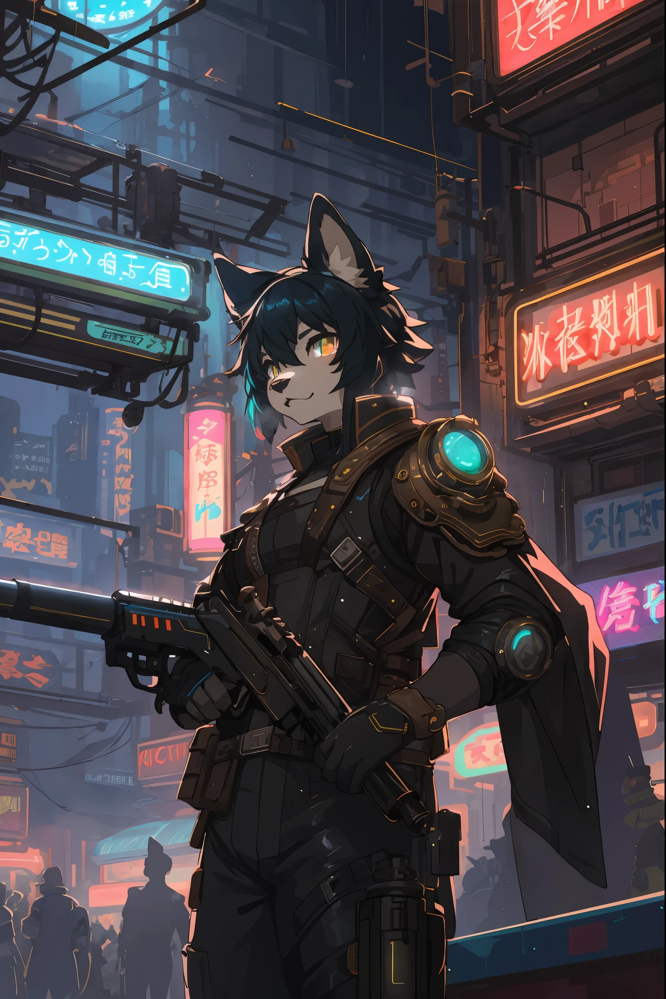 masterpiece, best quality, novel illustration, highres, steam-punk meets sci-fi, rubber suit, neon lights glowing, station platform crowded, (1boy, 1girl, hero, heroine, kemono, furry, anthro), shoots weapon, alluring neon-glow, steam-punk world, gothic atmosphere, sensuality of the scene, 1girl protagonist with gun, station scene, neon sign, glittering neon cityscape, crowd of people.