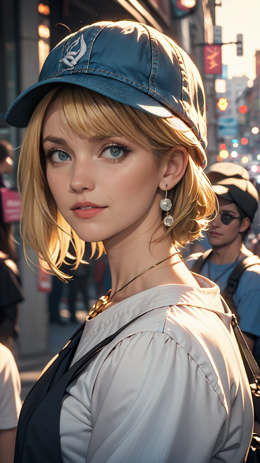 Portrait of a blonde girl in a blue hat and blue shirt