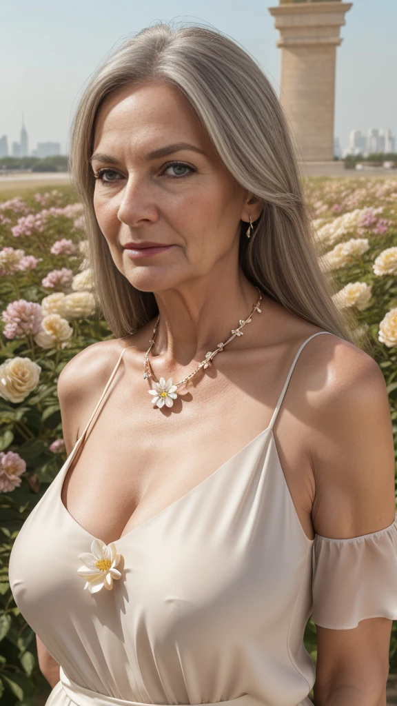 1 mature woman in, 60 years old, Alone, Long hair, Colossal breasts, Looking at the viewer, GrayBlonde hair, Bare shoulders, Brown eyes, Jewelry, Full body,(wearing elegant Blouse flower motif, necklace) Off the shoulders, Realistic, A sexy one, Background most beautiful landmark of Jerman views, some flowers in side of her 