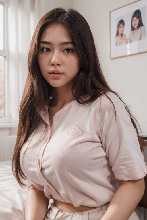 (best quality,highres:1.2),ultra-detailed,realistic,illustration,beautiful detailed eyes and face,long hair style,perfect face,Asian girl,soft pink lips,sweat,blush,ample bosom,bedroom, white shirt bottoms down, student uniform 