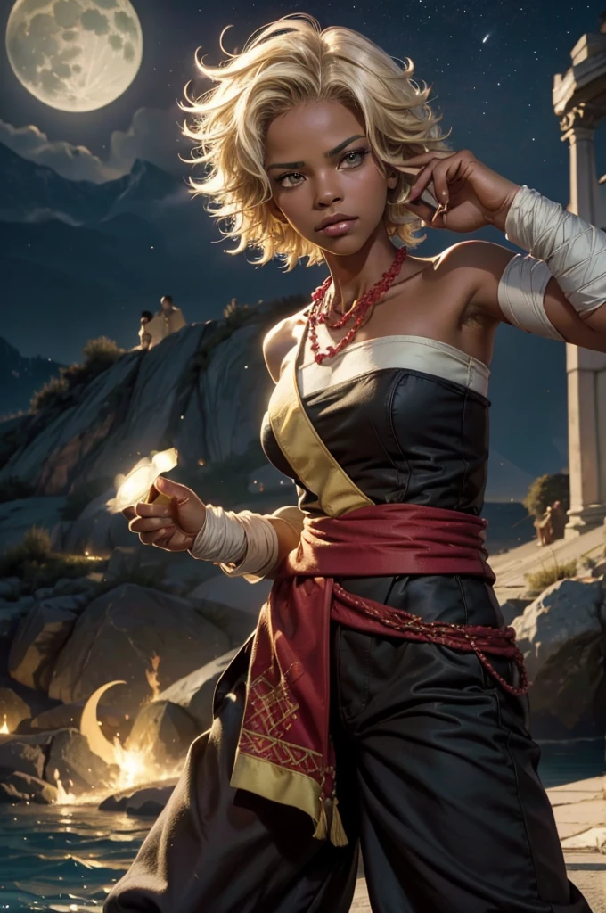 arslanaltan, 1girl, blonde hair, short hair, green eyes, dark skin, brown skin, hair ornament, sash, baggy pants, bandages, bare shoulders, necklace, fighting pose, fighting stance, (Masterpiece, Best Quality, Highres:1.2), Detailed, Intricate Details, 4K, solo, cowboy shot, high rating, standing, venice, italy, night, stars, moon closed mouth, serious look, serious expression, looking at viewer,
