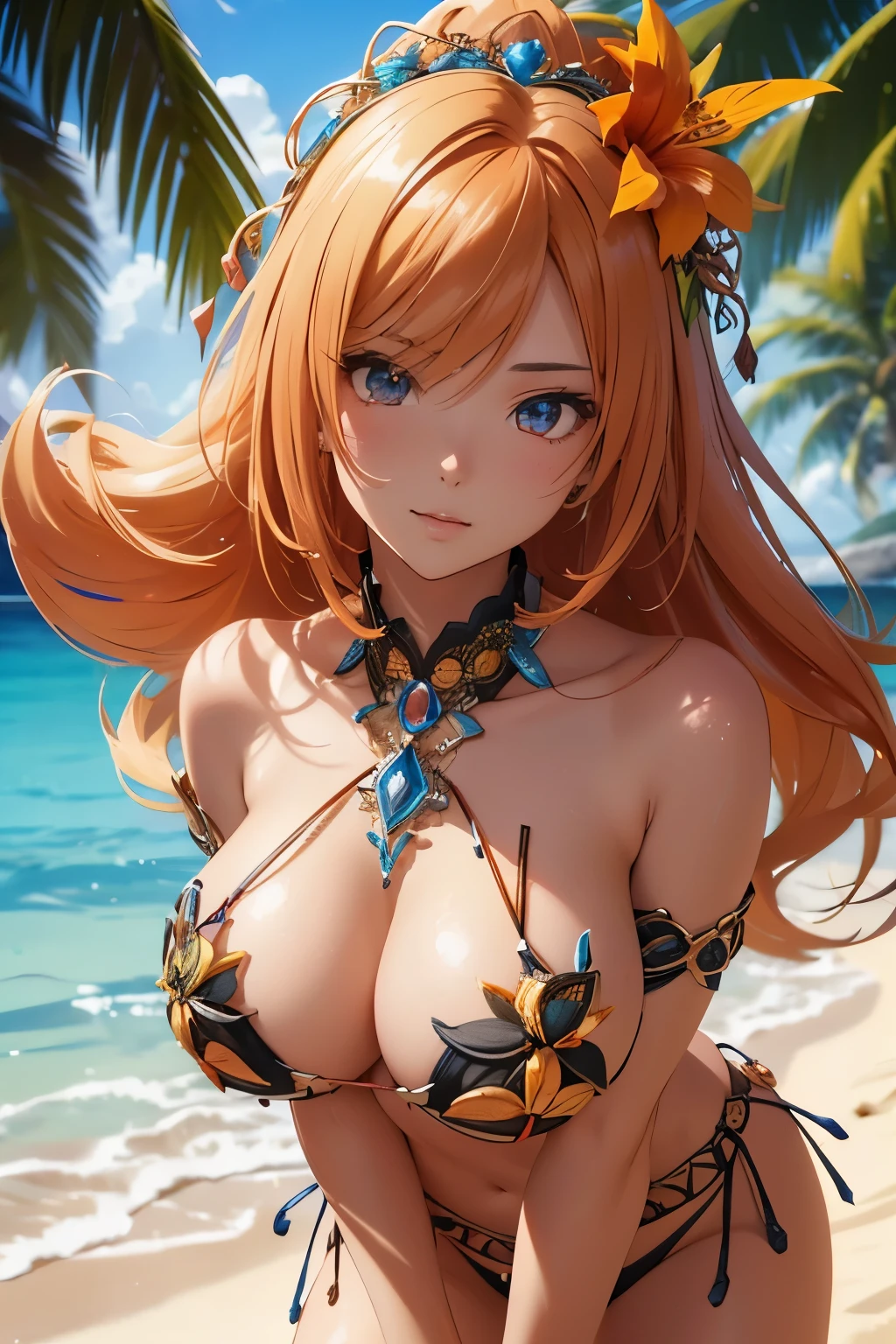 Beautiful Alluring summer taned young island woman, Barely Clothed, patterned mikro bikini, taned skin, athletic body, orange blonde hair, hair ornaments, flowers, at a tropical beach, Beautiful D&D Character Portrait, tropical Fantasy, tropical theme, Detailed, Digital Art, Extreme Detail, Polished, Beautiful, Hyperdetailed, Intricate, Elaborate, Meticulous, Anime Character, Detailed, Anime Face, Sharp Focus, Unreal Engine, 3d Rendered, Volumetric Lighting, Reflections, Glossy, Digital Illustration, Pose, Suggestive Pose, Full Body Shot, 💖❤💕💋❣