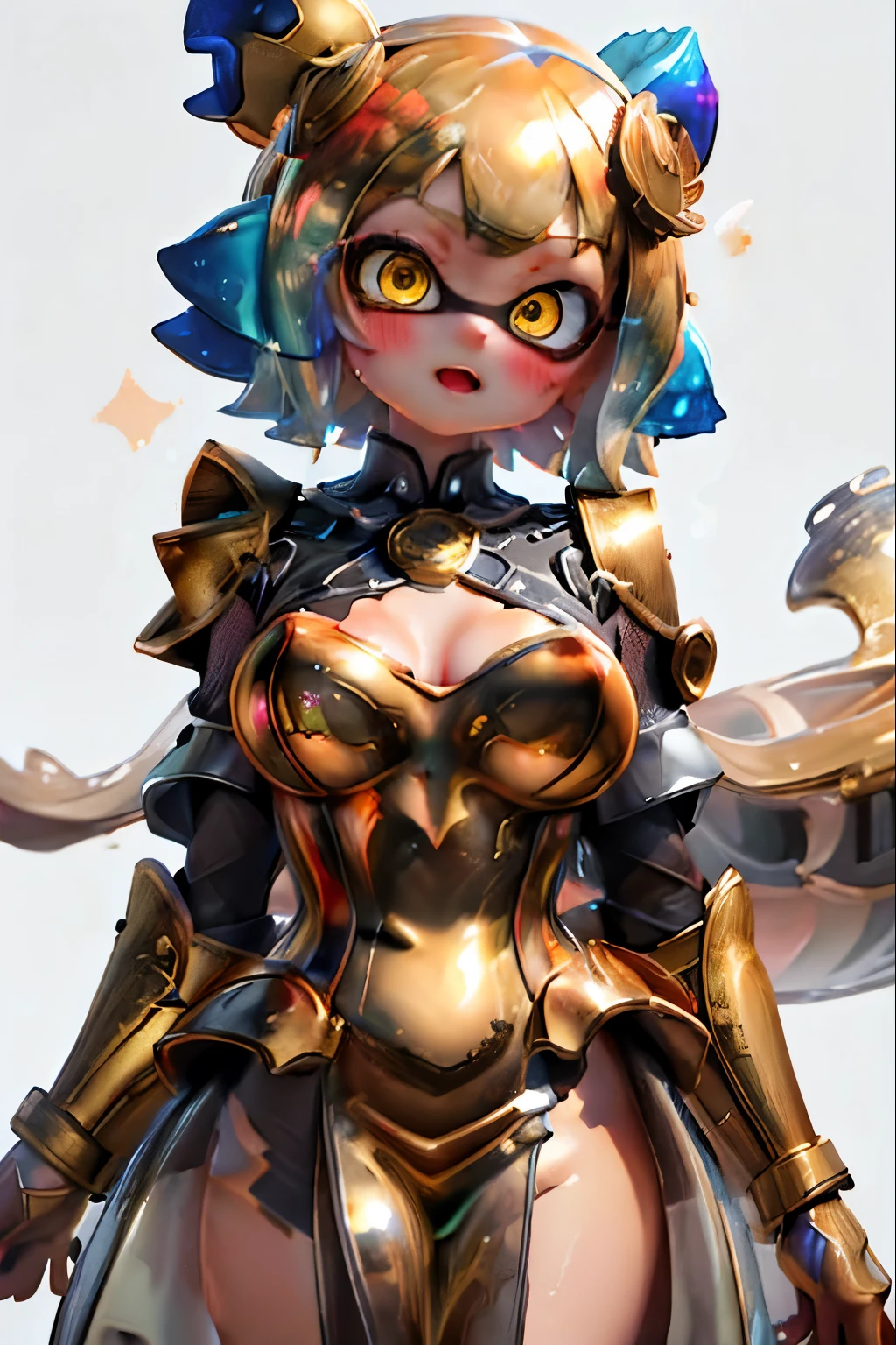 splatoon girl、3D、Real Anime、(from the front)、(((super close up of mouth)))、Body of Molten Gold、Liquid Metal Girl、liquid skin、Slime Girl、View your viewers、Golden tentacle hair、Long twin-tailed tentacle hair、(Laugh with your mouth wide open)、Big Breasts、Cleavage、Armor Dress、Gold and pink armor、cheek、lipstick、Big and pretty eyes、Golden Eyes、Shining Eyes、blush、Good luck photos、Lucky Gold