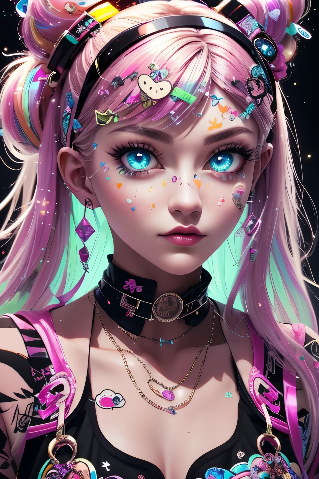 This is a Harajuku street-style masterpiece with extreme detail. Generate a trendy ((decora)) cyberpunk woman (standing) in the colorful and chaotic streets of Akihabara, Tokyo in the style of decora street style. The woman's decora and Harajuku street clothes are vibrant, with a mix of textures, neon colors, and inventive layering. Include oversized accessories like cute heart stickers on the woman's face, colorful hair clips and ribbons in different colors and sizes, and dynamic jewelry. (Her eyes are important) and should be symmetrical and detailed with interesting coloring and patterns. Include (iridescence) and (shimmer), glittering light, glowing neon signs, LED lights, (ultra detailed), dynamic composition