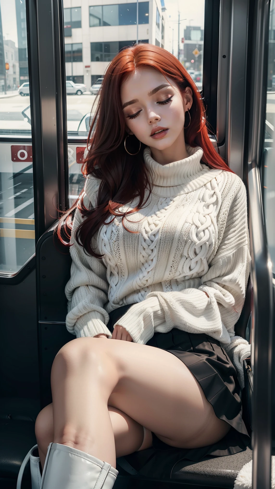 1 beautiful woman, Adult, Red hair, Outline the eyelids, Eyelids with makeup, Black skirt, White sweater, Neckline, White boots, Black bag, sleeping on the bus, open mouth, Close your eyes, Lucy Pinde.Open your legs，limp，Fell asleep，Spread your legs，Head against the window