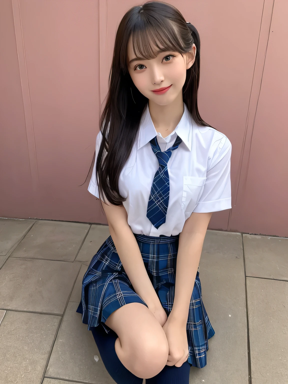 sexy、Slim body、Blonde、highest quality、 Ultra-detailed、High resolution、8k pink wall、Perfect dynamic composition,、Beautiful fine details、Natural color lip、Bold sexy pose、smile、16-year-old girl、cute、Sexy shot looking at the camera、(highest quality: 1.3), (masterpiece: 1.3), (Super Detail: 1.3), (One Girl: 1.1), (Detailed hands and fingers:1.2)、(Ultra-oily, lustrous skin with attention to detail:1.1)、Oily shiny knee socks、(The perfect school girl uniform:1.3)、Short sleeve dress shirt、(Beautiful shapely small breasts:1.3)、(Dark blue plaid mini skirt:1.2)、Sit with your legs apart、Blonde、short hair、Twin tails、Beautiful sister、sexy