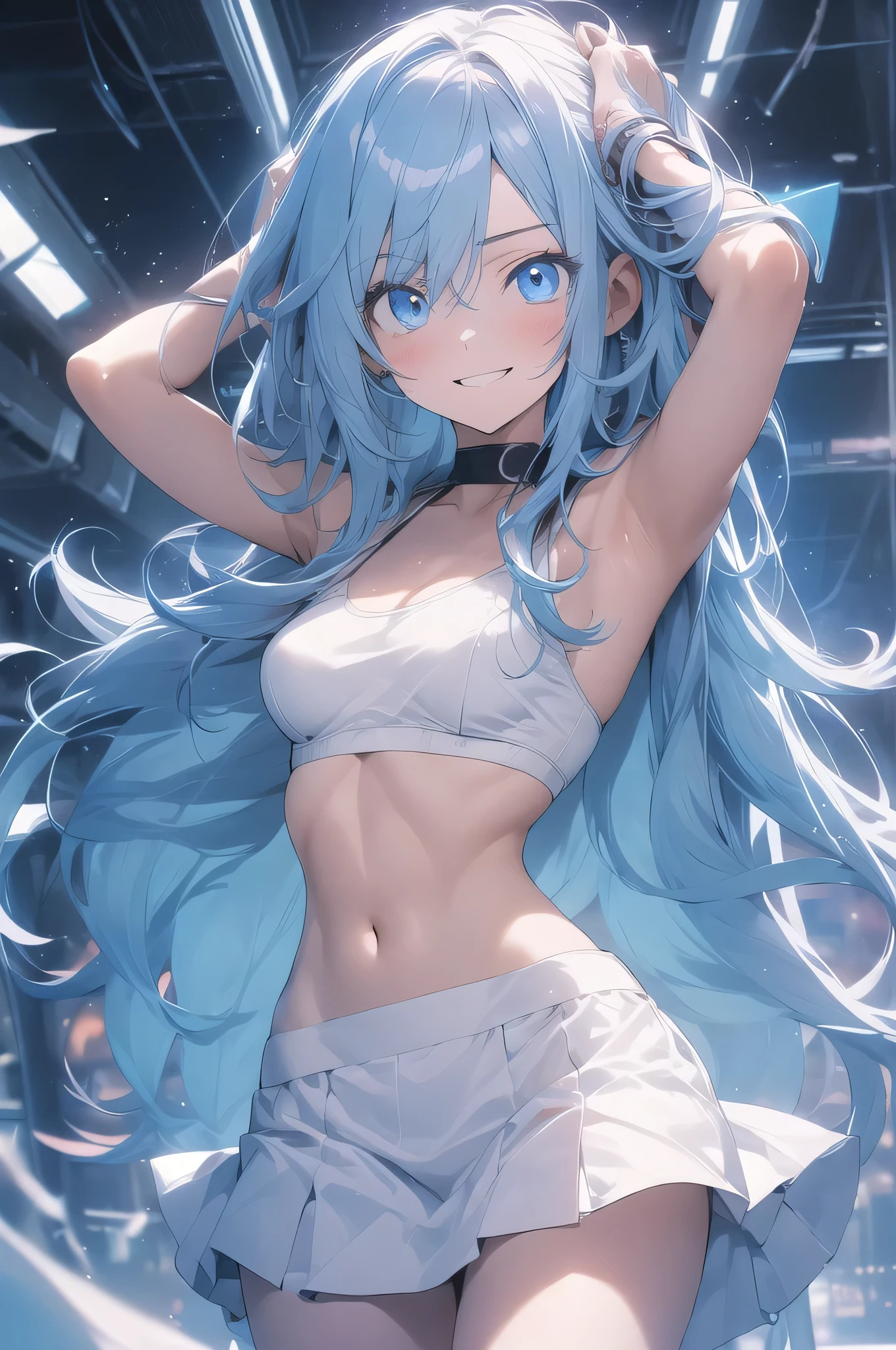 No background,White Background,miyakoshikimori(1:5), miyako shikimori, Long Hair, blue eyes, Hair between the eyes, Blue Hair, Ripping a skirt,Destroy the white bikini,Destroy the white bra、White underwear,Empty Jewels,No accessories included(1:2),壊す looking at viewer, destroy White Background (masterpiece:1.2), highest quality, High resolution, unity 8k wallpaper, (shape:0.8), (Beautiful and beautiful eyes:1.6), Highly detailed face, Perfect lighting, Highly detailed CG, (Perfect hands, Perfect Anatomy)、Please show me your whole body(1:2),blush,smile、smile、Open your mouth