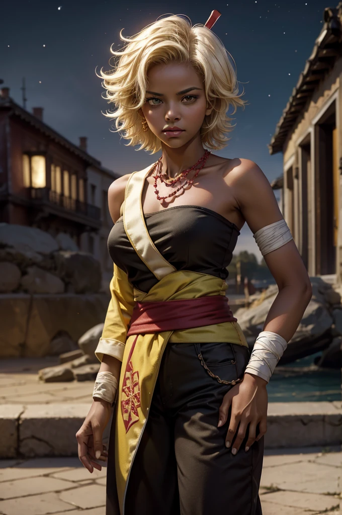 arslanaltan, 1girl, blonde hair, short hair, green eyes, dark skin, brown skin, hair ornament, sash, baggy pants, bandages, bare shoulders, necklace, hands on hips, (Masterpiece, Best Quality, Highres:1.2), Detailed, Intricate Details, 4K, solo, cowboy shot, high rating, standing, venice, italy, night, stars, moon closed mouth, serious look, serious expression, looking at viewer,