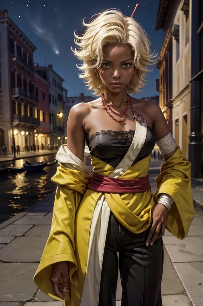 arslanaltan, 1girl, blonde hair, short hair, green eyes, dark skin, brown skin, hair ornament, sash, baggy pants, bandages, bare shoulders, necklace, hands on hips, (Masterpiece, Best Quality, Highres:1.2), Detailed, Intricate Details, 4K, solo, cowboy shot, high rating, standing, venice, italy, night, stars, moon closed mouth, serious look, serious expression, looking at viewer,