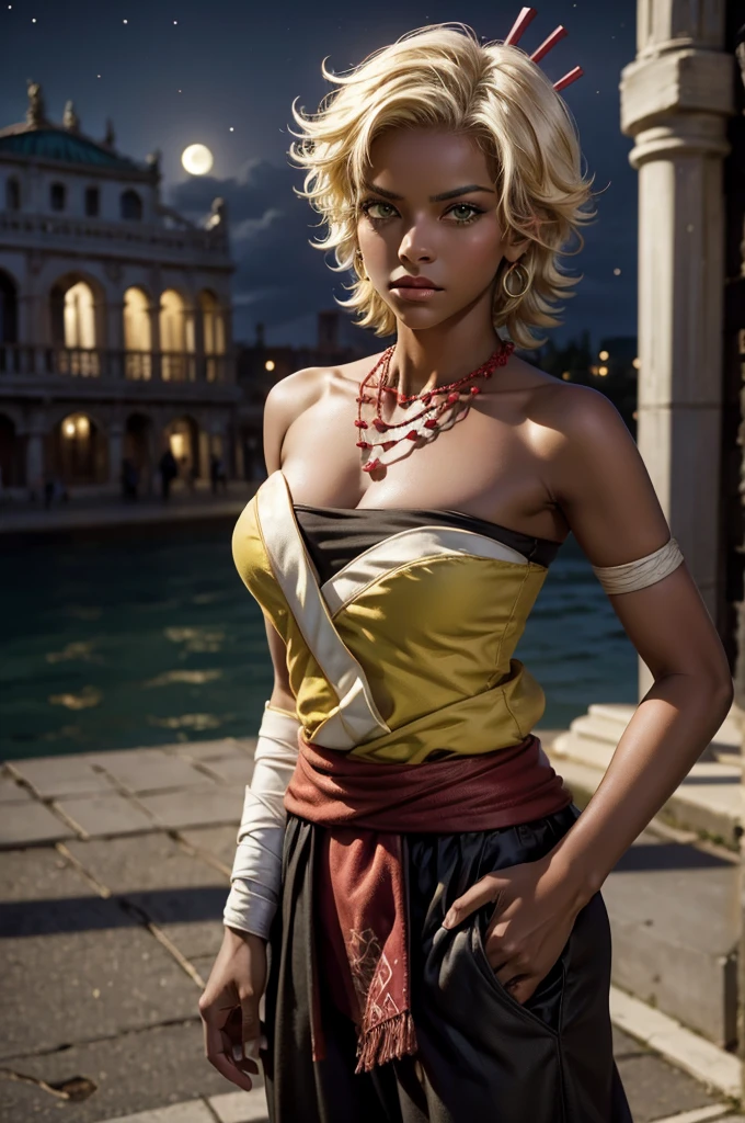 arslanaltan, 1girl, blonde hair, short hair, green eyes, dark skin, brown skin, hair ornament, sash, baggy pants, bandages, bare shoulders, necklace, hands on hips, (Masterpiece, Best Quality, Highres:1.2), Detailed, Intricate Details, 4K, solo, cowboy shot, high rating, standing, venice, italy, night, stars, moon closed mouth, serious look, serious expression, looking at viewer,