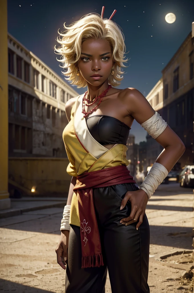 arslanaltan, 1girl, blonde hair, short hair, green eyes, dark skin, brown skin, hair ornament, sash, baggy pants, bandages, bare shoulders, necklace, hands on hips, (Masterpiece, Best Quality, Highres:1.2), Detailed, Intricate Details, 4K, solo, cowboy shot, high rating, standing, venice, italy, night, stars, moon closed mouth, serious look, serious expression, looking at viewer,