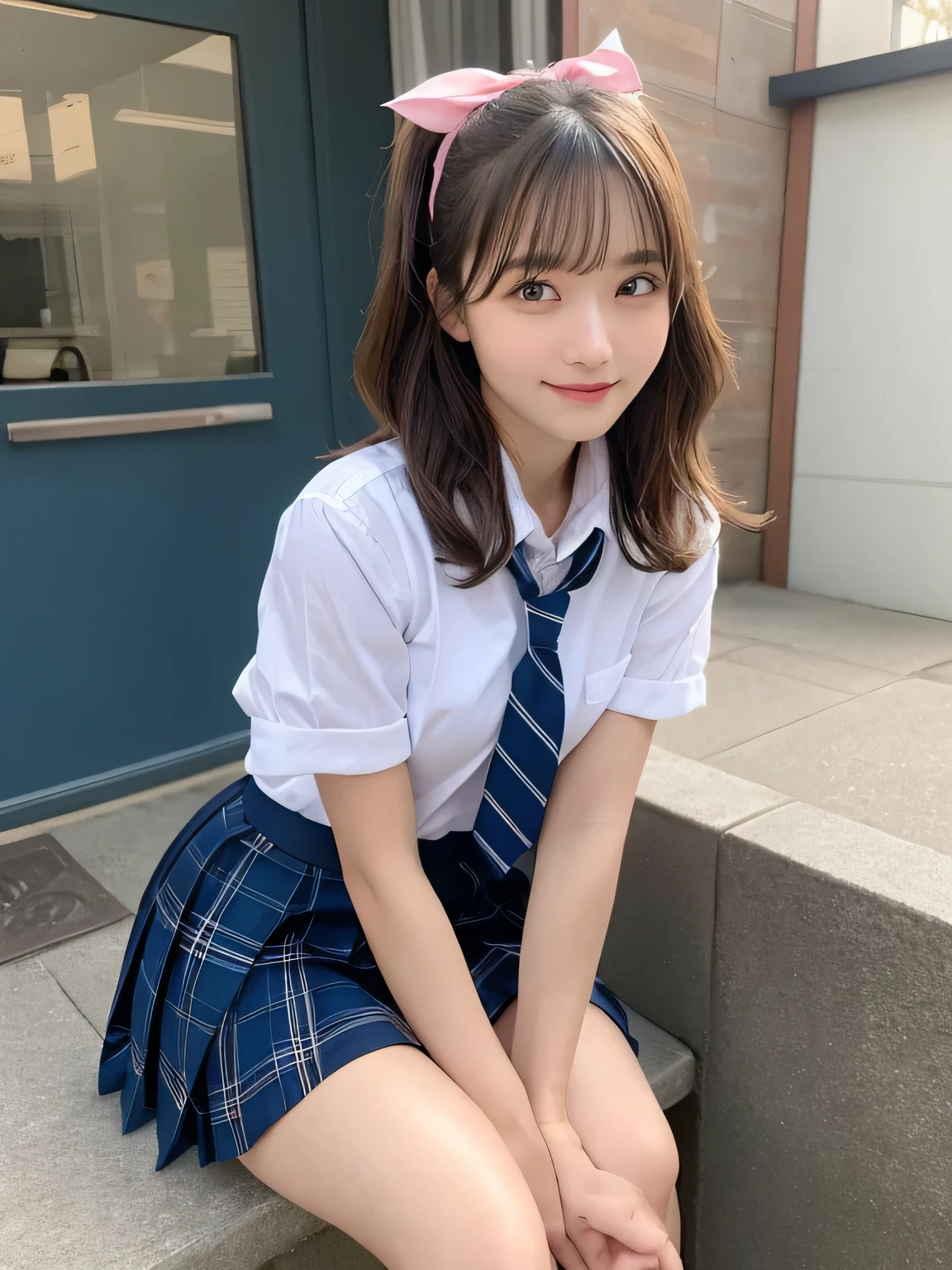sexy、Slim body、Blonde、highest quality、 Ultra-detailed、High resolution、8k pink wall、Perfect dynamic composition,、Beautiful fine details、Natural color lip、Bold sexy pose、smile、、cute、Sexy shot looking at the camera、(highest quality: 1.3), (masterpiece: 1.3), (Super Detail: 1.3), (One Girl: 1.1), (Detailed hands and fingers:1.2)、(Ultra-oily, lustrous skin with attention to detail:1.1)、Oily shiny knee socks、(The perfect school girl uniform:1.3)、Short sleeve dress shirt、(Beautiful shapely small breasts:1.3)、(Dark blue plaid mini skirt:1.2)、Sit with your legs apart、Blonde、short hair、Twin tails、Beautiful sister、sexy