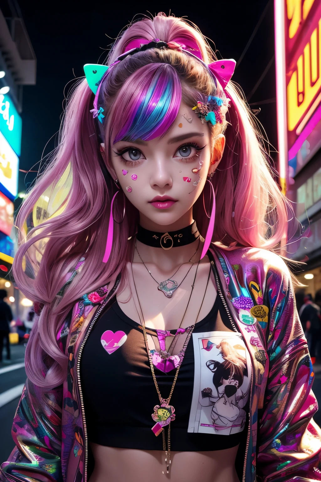 This is a Harajuku street-style masterpiece with extreme detail. Generate a trendy ((decora)) cyberpunk woman (standing) in the colorful and chaotic streets of Akihabara, Tokyo in the style of decora street style. The woman's decora and Harajuku street clothes are vibrant, with a mix of textures, neon colors, and inventive layering. Include oversized accessories like cute stickers on the woman's face, colorful hair clips and ribbons in different colors and sizes, and dynamic jewelry. (Her eyes are important) and should be symmetrical and detailed with interesting coloring and patterns. Include (iridescence) and (shimmer), glittering light, glowing neon signs, LED lights, (ultra detailed), dynamic composition