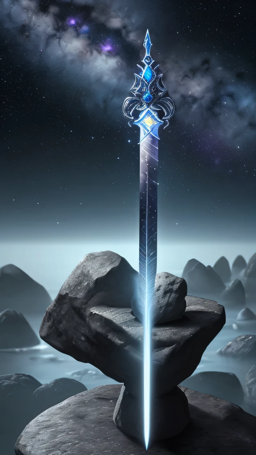 A sword with a glowing blade is standing on a rock - SeaArt AI