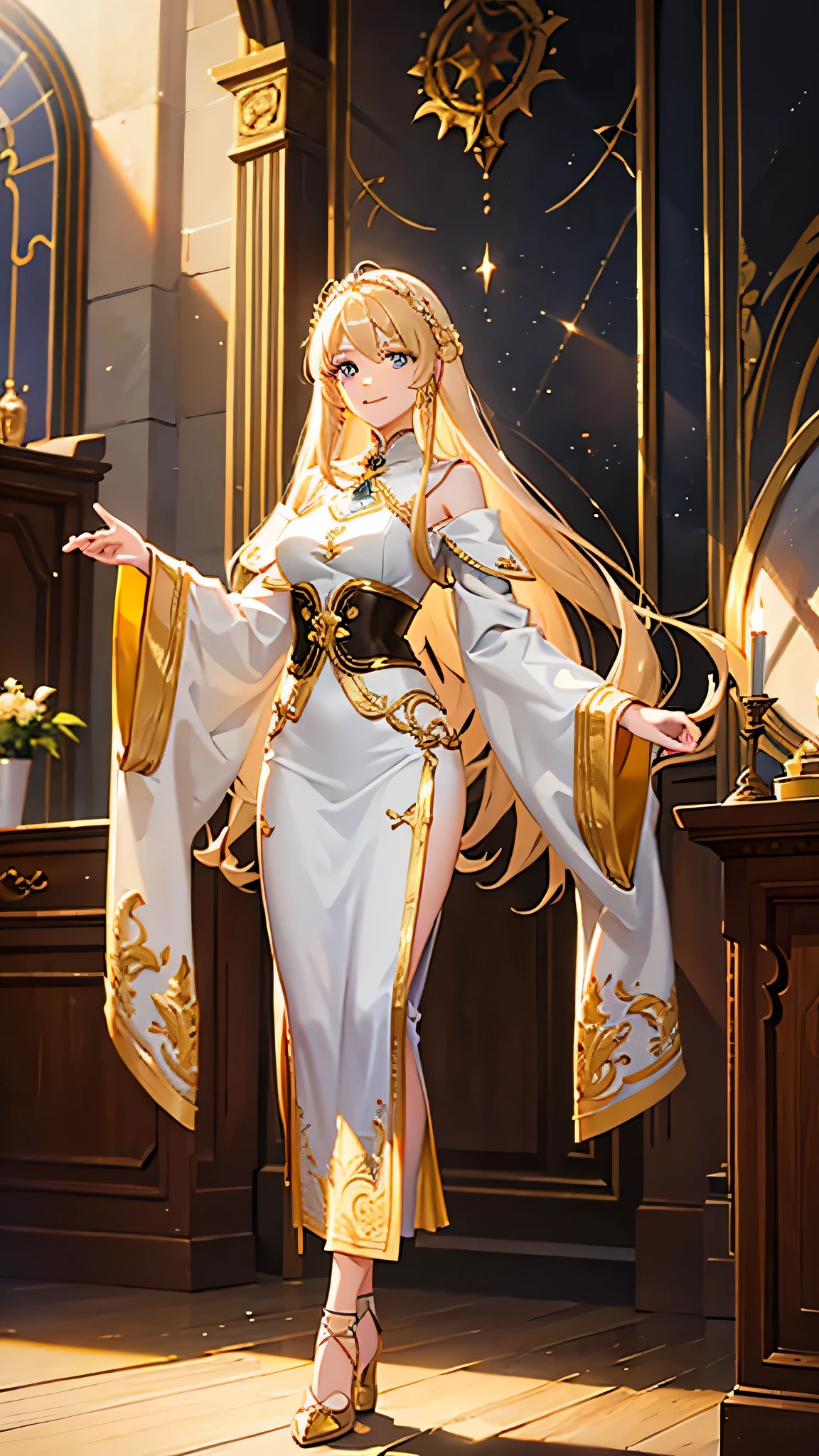 17 year old girl with long blonde hair, beautiful face, full body, mid-century European style healer's costume, facing the audience, bright smile, ethereal and quiet temperament, European style city square, 8K, high definition