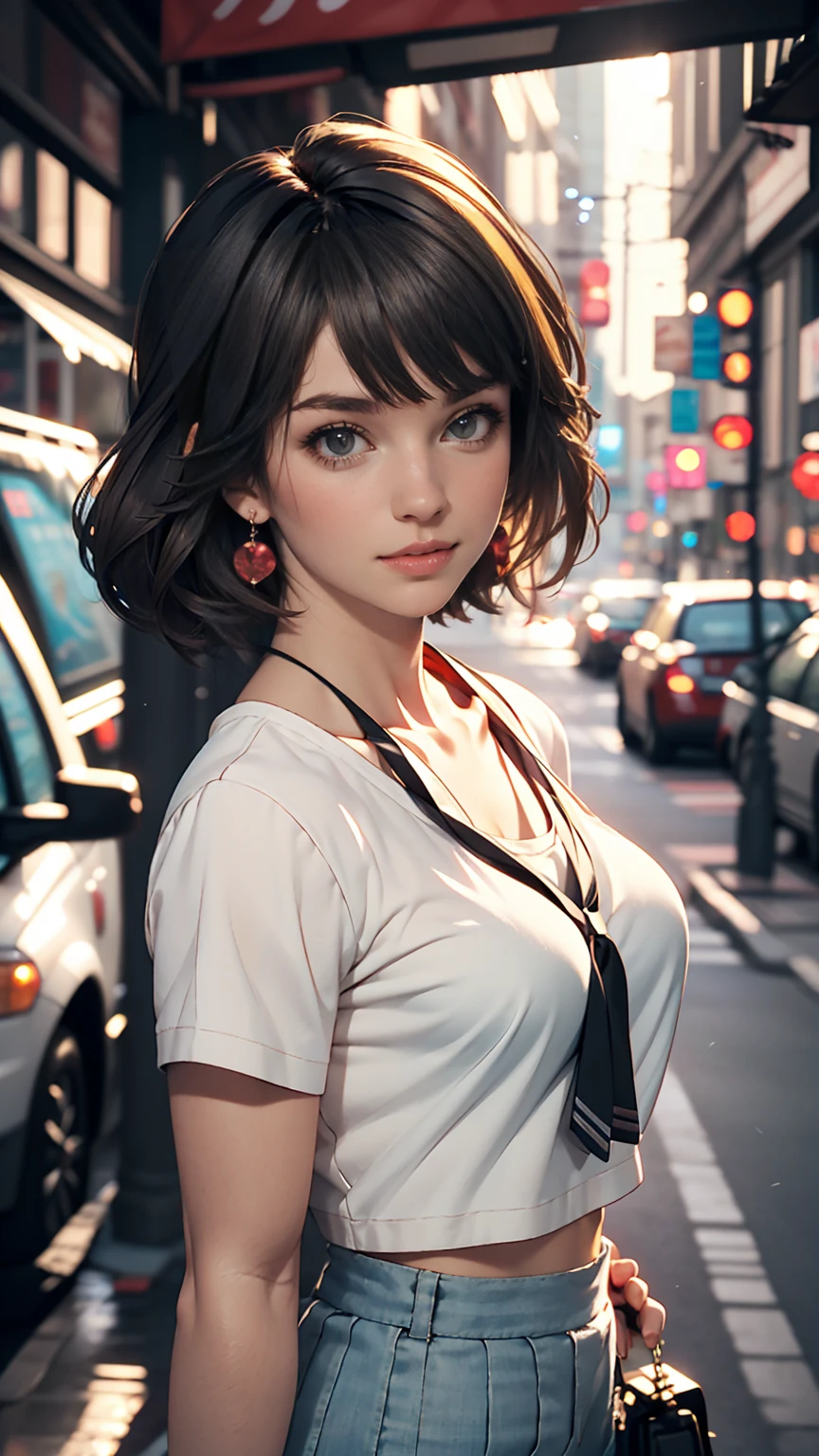 high quality, 4K, In frame, Close-up portrait of a dark-haired woman in a white shirt and light blue skirt, Photorealistic anime girl rendering, Cute 3D Anime Girl Rendering, April Rendering, Anime VTuber Full Body Model, Full Body Shanxia, live2d Virtual YouTuber Model, Smooth anime CG art, Realistic portrait full body realistic anime 3D style, photorealistic full body