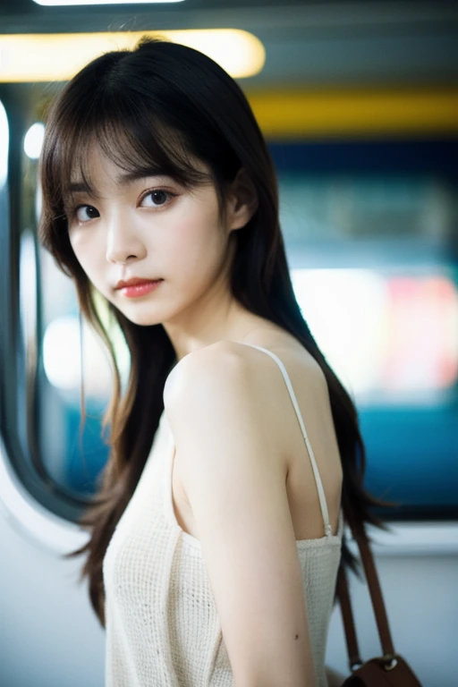 Cinematic photo of beautiful Korean fashion model bokeh train