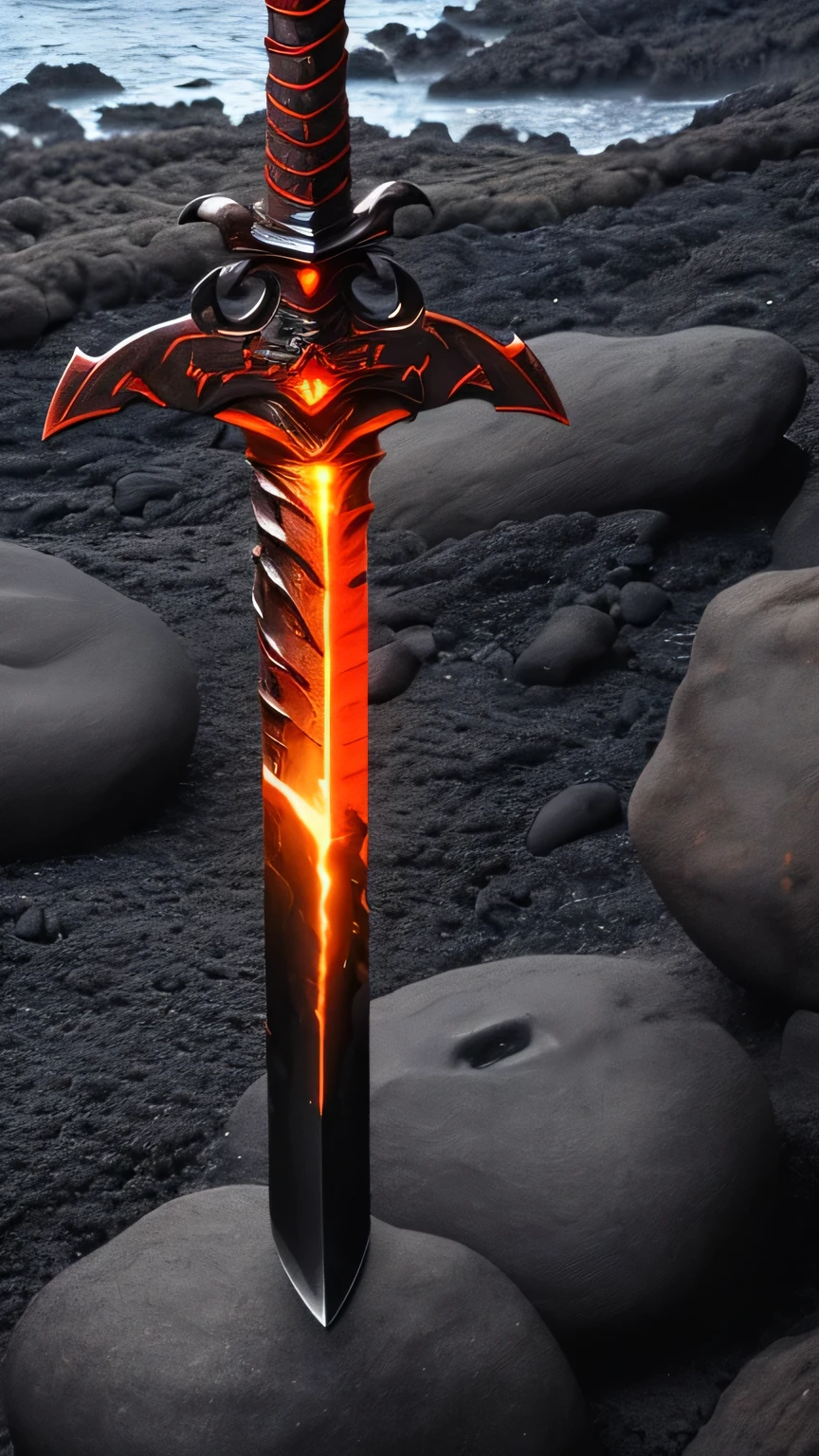 A Lava sword placed on rocks