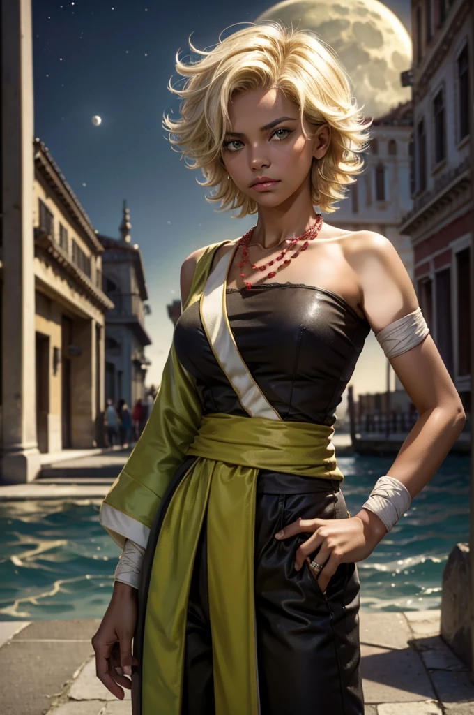arslanaltan, 1girl, blonde hair, short hair, green eyes, dark skin, brown skin, hair ornament, sash, baggy pants, bandages, bare shoulders, necklace, hands on hips, (Masterpiece, Best Quality, Highres:1.2), Detailed, Intricate Details, 4K, solo, cowboy shot, high rating, standing, venice, italy, night, stars, moon closed mouth, serious look, serious expression, looking at viewer,